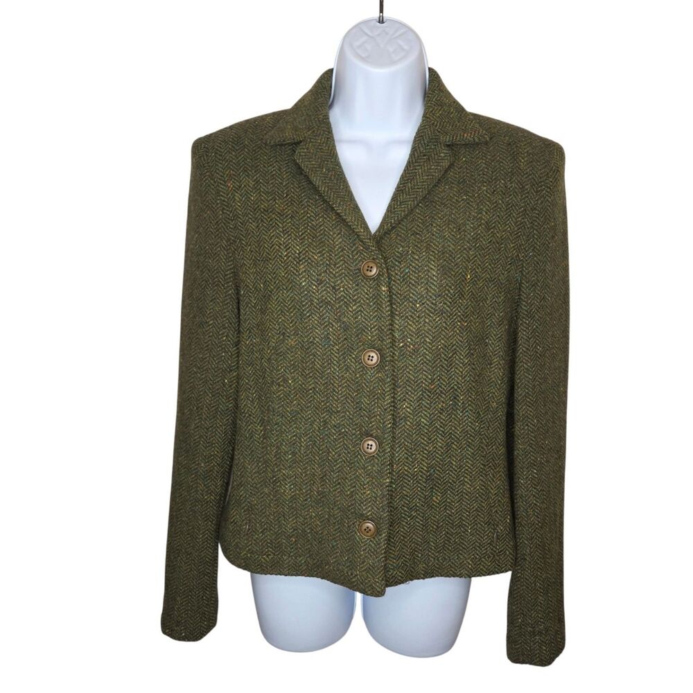 Origins Vintage Olive Green Tweed Herringbone Wool Blazer Jacket Notch Lapel 6